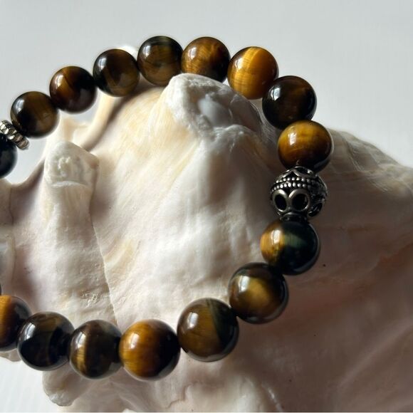 Yellow and navy Tiger Eye Beaded Bracelet 10mm sterling silver 17-19cm wrist - Picture 2 of 7
